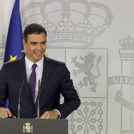 06/06/2019. Pedro Sánchez durante la rueda de prensa que ha protagonizado esta jueves en el Palacio de la Moncloa, tras la reunión que ha mantenido con el rey Felipe de cara a la investidura. EFE/Ballesteros