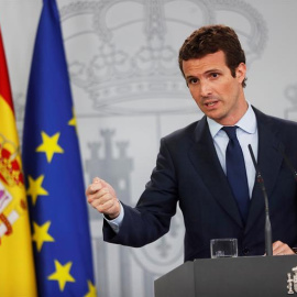 El líder del PP, Pablo Casado, durante la rueda de prensa que ofrece tras la reunión que ha mantenido con el presidente del Gobierno, Pedro Sánchez/ EFE (Fernando Alvarado)