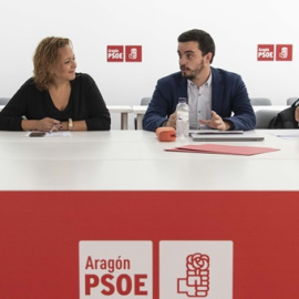 El secretario de Organización del PSOE aragonés, Darío Villagrasa, en la reunión de trabajo de este martes con los tres secretarios provinciales. PSOE
