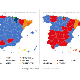 Mapa provincial de España con resultados electorales.
