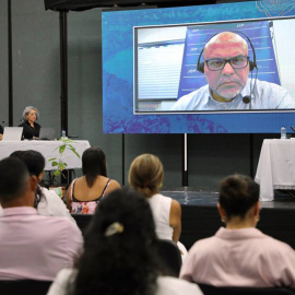 Fotografía cedida por la Jurisdicción Especial para la Paz (JEP) que muestra la comparecencia del exjefe paramilitar Salvatore Mancuso a través de videoconferencia, en Montería (Colombia), a 15 de mayo de 2023.