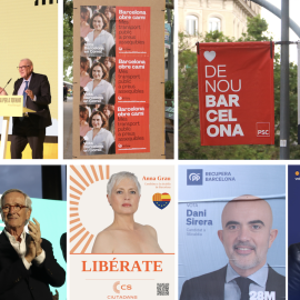 25-5-2023 D'esquerra a dreta i de dalt a baix, Ernes Maragall, Ada Colau, Jaume Collboni, Xavier Trias, Ana Grau, Daniel Sirera i Eva Parera