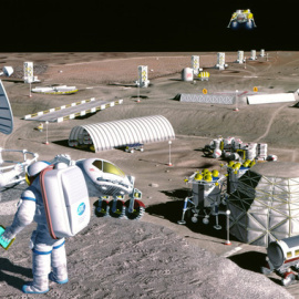 Representación artística de 1995 de una operación lunar de extracción de oxígeno del suelo lunar en Mare Serenatatis, a pocos kilómetros del lugar de aterrizaje del Apolo 17. / SAIC