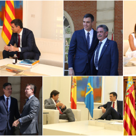 De izquierda a derecha y de arriba a abajo, el presidente del Gobierno, Pedro Sánchez, con Quim Torra (presidente de la Generalitat de Catalunya), Miguel Ángel Revilla (presidente de Cantabria), Susana Díaz (presidenta de la Junta de Andalu