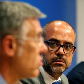 El conseller d'Interior, Miquel Buch, durant la compareixença amb el president de la Generalitat, Quim Torra.