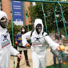 Activistas de Avaaz protestan contra el uso de pesticidas con glifosato en Bruselas el 18 de mayo de 2016. EFE