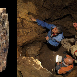El pequeño fragmento de hueso (izquierda) de la hija de una neandertal y un denisovano se ha encontrado en la cueva de Denisova (derecha), en Rusia. / S. Pääbo et al.-Nature/PAET SB RAS, Sergei Zelensky