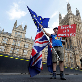 Un hombre con una pancarta contra el Brexit, en el puente de Westminster, en Londres, junto al Parlamento británico. REUTERS/Yves Herman