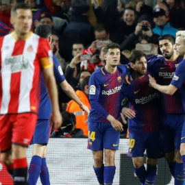 Los jugadores del Barça celebran uno de los goles ante el Girona en el encuentro liguero disputado el pasado 24 de febrero. EFE