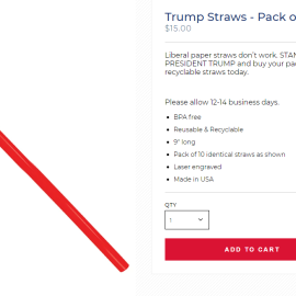 Pajitas de plástico que se venden en la web de campaña de Donald Trump.