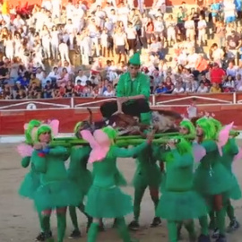 Imagen de la vaquilla muerta retirada por un grupo de jóvenes disfrazados en la plaza de toros de El Espinar. (CAPTURA DE VÍDEO)