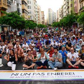 La sentada que ha protagonizado la manifestación por el día del Orgull Alacant, en Alicante. EUROPA PRESS/Sonia Arcos
