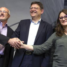 Mónica Oltra, Ximo Puig y Antonio Montiel tras su primera reunión hace tres días.- EFE