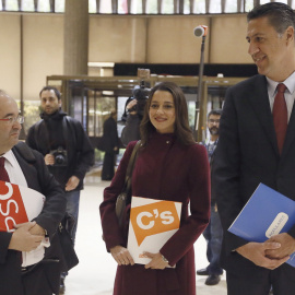 Los portavoces en el Parlament de Ciudadanos, Inés Arrimadas, el PSC, Miquel Iceta, y el Partido Popular, Xavier García Albiol, presentan ante el Tribunal Constitucional los recursos de amparo contra la decisión de admitir a trámite la reso