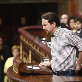 El secretario general de Podemos, Pablo Iglesias, durante su intervención en el Congreso de los Diputados. Europa Press