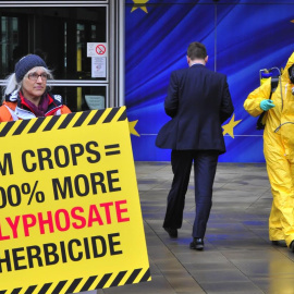 Varios activistas protestan ante la Comisión Europea por la autorización de transgénicos resistentes al glifosato en 2012. - AFP