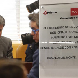 Ignacio González declara por el caso Lezo. A la derecha, placa en un centro médico de Boadilla / EFE