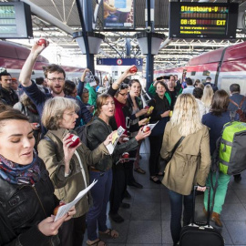 Un grupo de manifestantes protestan contra el TTIP en la Estación del Sur de Bruselas increpando a los eurodiputados que se subían al tren rumbo a Estrasburgo. /EFE