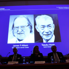 El estadounidense James P. Allison y el japonés Tasuku Honjo, ganadores del Nobel de Medicina. - REUTERS