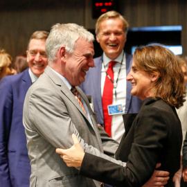 La ministra para la Transición Ecológica, Teresa Ribera, saluda al secretario de Estado alemán de Medioambiente, Jochen Flasbarth, a su llegada al Consejo de Ministros de Medio Ambiente celebrado este martes en Luxemburgo. EFE