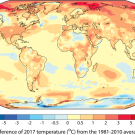 Diferencia de temperaturas en 2017 con respecto a las registradas en el periodo entre 1981 y 2010. OMM