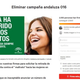 Captura de pantalla de la recogida de firmas contra la campaña de violencia de género de la Junta de Andalucía, en Change.org
