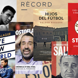 Muntatge amb portades de llibres de temàtica esportiva recomanats per la mostra Rècord