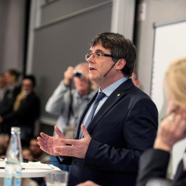 Carles Puigdemont durante su discurso en la Universidad de Copenhague. EFE/Ricardo Ramirez
