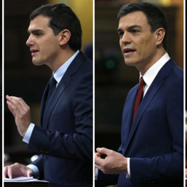 Mariano Rajoy, Albert Rivera, Pedro Sánchez y Pablo Iglesas, en la tribuna del Congreso de los Diputados. EFE