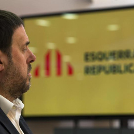 El presidente de ERC, Oriol Junqueras, durante su intervención en el Consell Nacional del partido. / EFE