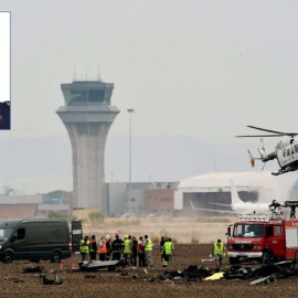Los restos del F-18 del teniente Fernando Pérez, que se estrelló en la maniobra de despegue, en el base aérea de Torrejón (Madrid). EFE