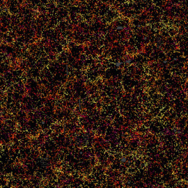 Imagen de una vigésima parte del cielo, una porción de 6.000 millones de años luz de ancho, 4.500 millones de alto y 500 de profundidad. Se trata de una porción del cartografiado del universo del Sloan Digital Sky Survey y el programa Baryo