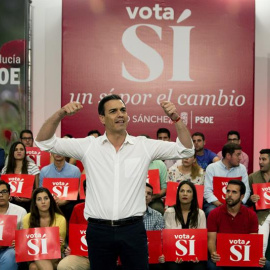 El secretario general y candidato del PSOE a la Presidencia del Gobierno Pedro Sánchez, durante su intervención en el mitin que se ha celebrado en la Universidad de Derecho en Málaga. /EFE