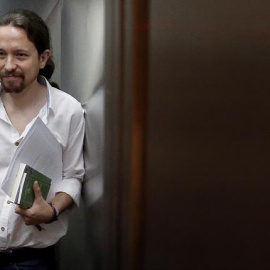 El líder de Podemos, Pablo Iglesias, hoy en el Congreso, donde acudió para formalizar su acta de diputado de la XII legislatura. EFE/J. J. Guillén