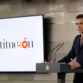 El presidente del Gobierno, Pedro Sánchez, durante la rueda de prensa que ha ofrecido en el Palacio de La Moncloa.EFE/Ballesteros