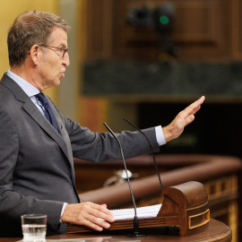 El líder del PP y candidato a la Presidencia del Gobierno, Alberto Núñez Feijóo, interviene durante el pleno de investidura del líder del Partido Popular, en el Congreso de los Diputados, a 27 de septiembre de 2023, en Madrid (España).