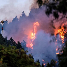 Un dispositivo de emergencia trabaja en la extinción de un incendio en el municipio de grancanario de Valleseco, el tercero importante que se ha declarado en la isla en los últimos ocho días y cuando aún los otros dos no se han dado por ext