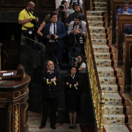 El líder de Unidas Podemos, Pablo Iglesias, en la tribuna del Congreso de los Diputados durante el debate de investidura de Pedro Sánchez, el pasado julio. REUTERS/Sergio Perez