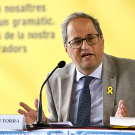 El president Quim Torra durant una conferència a la Universitat Catalana d'Estiu, a Prada de Conflent. Govern