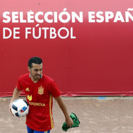 El delantero de la selección española Pedro Rodríguez durante el entrenamiento de ayer. /EFE