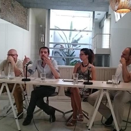 De izquierda a derecha, Carlos Martínez, Florent Marcellesi, Sandra Espeja y Pablo Cotarelo, durante un momento de su debate. (Twitter de Equo)