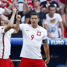 Robert Lewandowski celebra el gol de Jakub Blaszczykowski contra Ucrania. /REUTERS