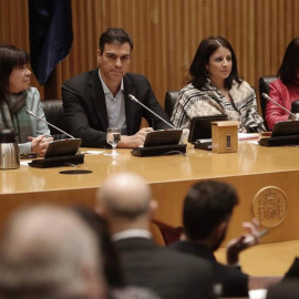 El secretario general del PSOE, Pedro Sánchez junto a la portavoz del partido, Adriana Lastra, la presidenta de la formación, Cristina Narbona, y la diputada Margarita Robles, durante la reunión que el Grupo Parlamentario Socialista ha cele