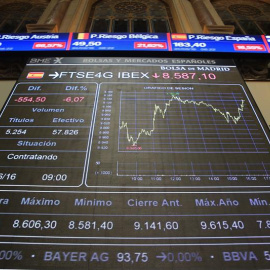 Panel informativo de la Bolsa de Madrid que muestra la evolución del principal indicador de la bolsa española, el Ibex 35. EFE/Zipi