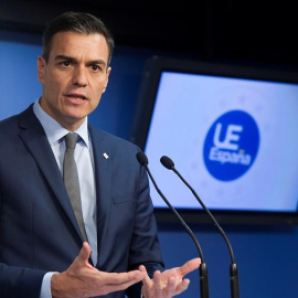 El presidente del Gobierno, Pedro Sánchez, durante la rueda de prensa ofrecida al término del Consejo Europeo de Bruselas. EFE/ Horst Wagner