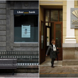 Oficinas de Liberban, en Oviedo, y de Unicaja, en Ronda (Málaga). REUTERS