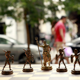 Chess pieces depicting Greek gods and Spartan soldiers on display in a shop in Athens, Greece July 11, 2015. Skeptical European finance ministers gathered on Saturday to decide whether to negotiate a third bailout for Greece after Prime Min
