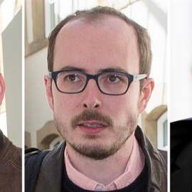 Combo de fotografías que muestra a Raphaël Halet, Antonine Deltour, ambos ex empleados de PwC y al periodista francés Edouard Perrin a su llegada al tribunal de Luxemburgo en el caso del escándalo fiscal LuxLeaks el pasado 4 de mayo de 2016