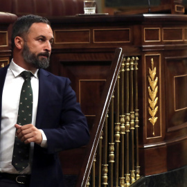 El presidente de Vox, Santiago Abascal, interviene  ante el Pleno del Congreso, donde la vicepresidenta en funciones, Carmen Calvo, ha comparecido para explicar la crisis del Open Arms. EFE/ Kiko Huesca
