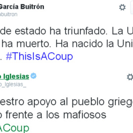 Capturas de dos tuits del médico José García Buitrón y del líder de Podemos, Pablo Iglesias, sobre el tercer rescate griego.